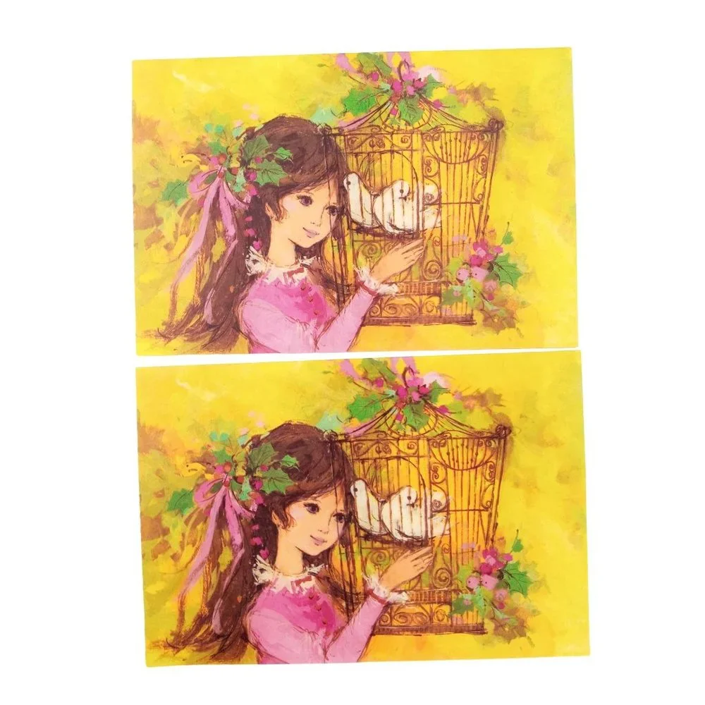 Vintage Christmas Card Girl Bird 60s Pink Yellow American Greetings Lot Of 6 New